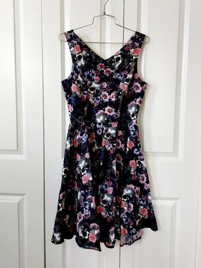 Hell Bunny Black Floral & Skull Fit-and-Flare Midi Dress - Pink, Purple, White